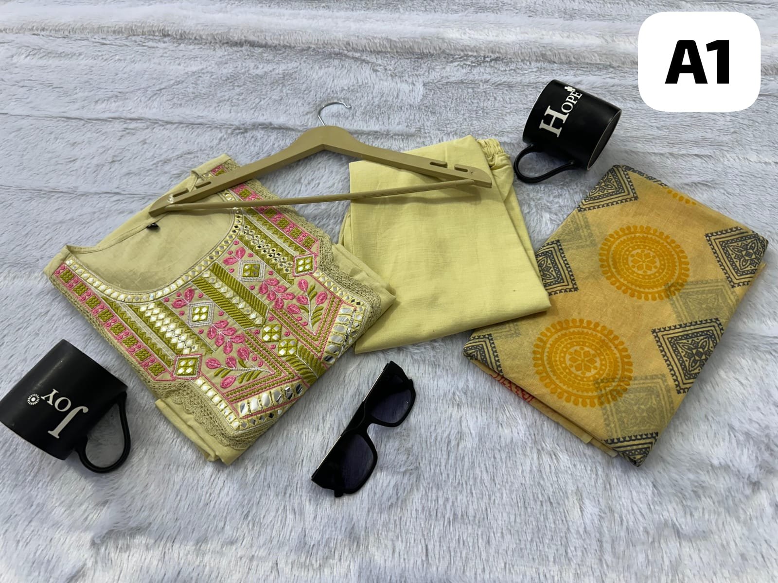 Embroidered Cotton Kurti Palazzo Dupatta Set